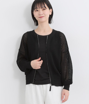 透かし柄BLOOMジップアップカーディガン(ブラック-ONESIZE)