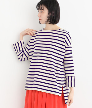 コットンデラヴェボーダー袖ストライププルオーバー(オフ×ネイビー-ONESIZE)