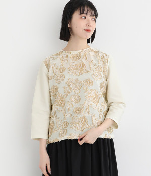 【LaLaquesera】ゴブラン×デニムジャージ7分袖プルオーバー(オフホワイト-ONESIZE)