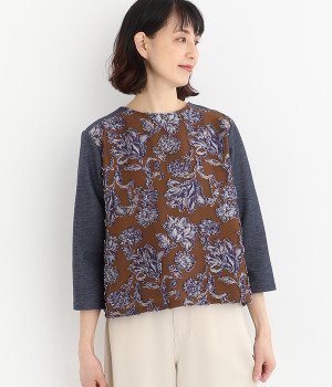 【LaLaquesera】ゴブラン×デニムジャージ7分袖プルオーバー(デニムネイビー-ONESIZE)