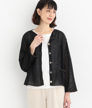 リネン混アーバン2wayポケット付きカーディガン(ブラック-ONESIZE)