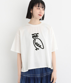 コットンシルケット天竺フクロウコード刺繍Tシャツ(オフホワイト-ONESIZE)