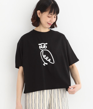 コットンシルケット天竺フクロウコード刺繍Tシャツ(ブラック-ONESIZE)