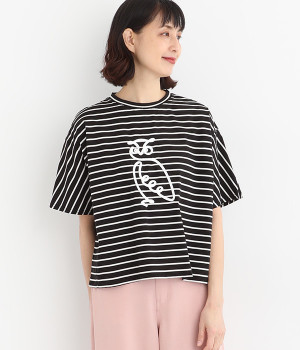 コットンシルケット天竺フクロウコード刺繍Tシャツ(ボーダーブラック-ONESIZE)