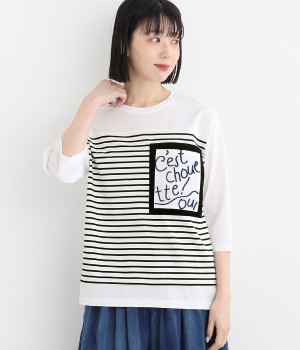 コットンボーダー胸元ロゴモール刺繍Tシャツ(オフホワイト-ONESIZE)