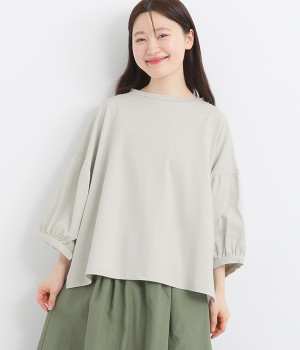 コットン裾前後差バルーン袖Tシャツ(ベージュ-ONESIZE)