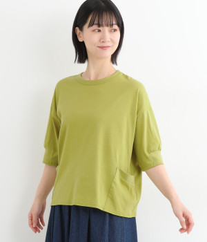 コットンナチュラルソフト天竺フライス丸首6分袖プルオーバー(オリーブイエロー-ONESIZE)