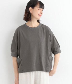 コットンナチュラルソフト天竺フライス丸首6分袖プルオーバー(グレー-ONESIZE)