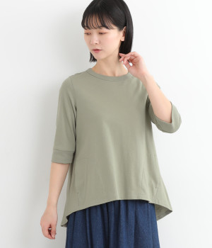 コットンナチュラルソフト天竺フライス丸首6分袖チュニック(グレイッシュグリーン-ONESIZE)