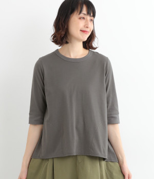 コットンナチュラルソフト天竺フライス丸首6分袖チュニック(グレー-ONESIZE)
