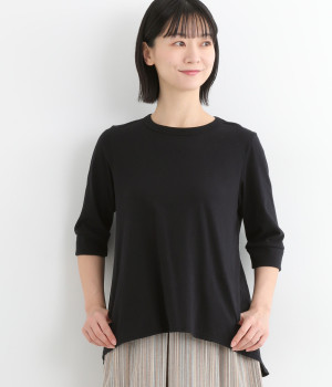 コットンナチュラルソフト天竺フライス丸首6分袖チュニック(スミクロ-ONESIZE)