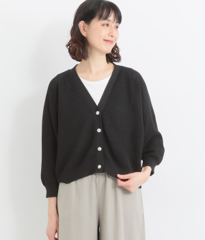 コットンブルームワッフルVネックカーディガン(ブラック-ONESIZE)
