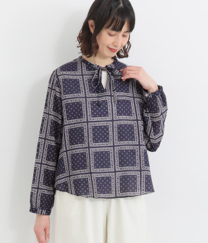 コットンレーヨンペイズリーボックスブラウス(ネイビー-ONESIZE)