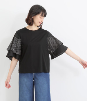 コットン袖異素材ドットティアードTシャツ(ブラック-ONESIZE)