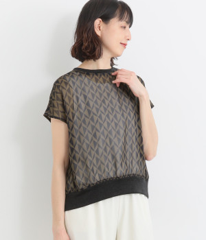 幾何プリント襟裾ラメカットソーブラウス(ネイビー系-ONESIZE)