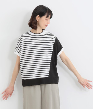 切替ボーダー後ろスリット半袖プルオーバー(ブラックボーダー-ONESIZE)