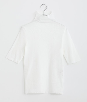 コットンストレッチサラチュールハイボトルネック5分袖プルオーバー(オフホワイト-ONESIZE)