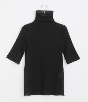 コットンストレッチサラチュールハイボトルネック5分袖プルオーバー(ブラック-ONESIZE)