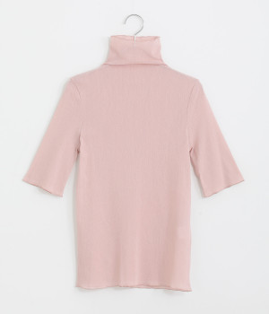 コットンストレッチサラチュールハイボトルネック5分袖プルオーバー(ピンク-ONESIZE)