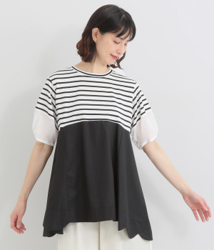 袖裾切替ボーダードッキングフレアチュニック(ブラック-ONESIZE)