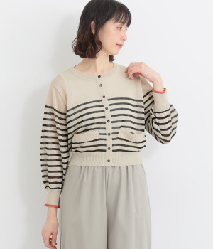 リネン混袖配色ボーダーカーディガン(アイボリー-ONESIZE)