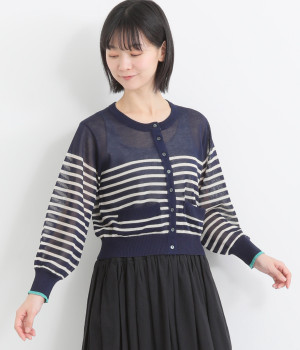 リネン混袖配色ボーダーカーディガン(ネイビー-ONESIZE)