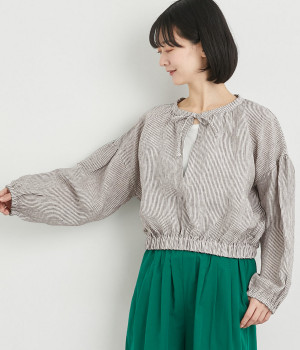 リネンストライプ袖裾ゴム胸元リボンブラウス(ブラックストライプ-ONESIZE)