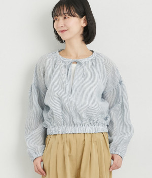 リネンストライプ袖裾ゴム胸元リボンブラウス(ミントストライプ-ONESIZE)