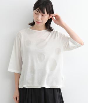 コットンリネンサークルインターシャ6分袖ワイドTシャツ(オフホワイト-ONESIZE)