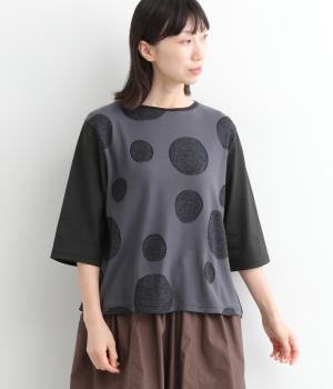 コットンリネンサークルインターシャ6分袖ワイドTシャツ(チャコール-ONESIZE)