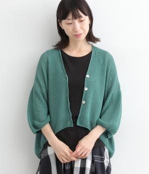 コットン和紙シャリっと6分袖鹿子編みワイドカーディガン(グリーン-ONESIZE)