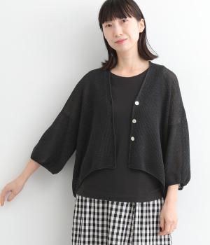 コットン和紙シャリっと6分袖鹿子編みワイドカーディガン(ブラック-ONESIZE)