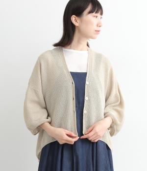 コットン和紙シャリっと6分袖鹿子編みワイドカーディガン(ベージュ-ONESIZE)