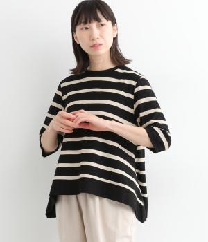 コットン裾ワイドフレア6分袖ボーダーTシャツ(ブラック×ベージュ-ONESIZE)