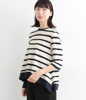 コットン裾ワイドフレア6分袖ボーダーTシャツ(アイボリー×ネイビー-ONESIZE)