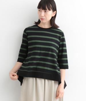 コットン裾ワイドフレア6分袖ボーダーTシャツ(ネイビー×グリーン-ONESIZE)