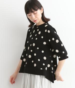 コットン裾ワイドフレア6分袖ドットTシャツ(ブラック×ベージュ-ONESIZE)