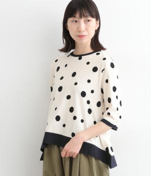 コットン裾ワイドフレア6分袖ドットTシャツ(アイボリー×ネイビー-ONESIZE)