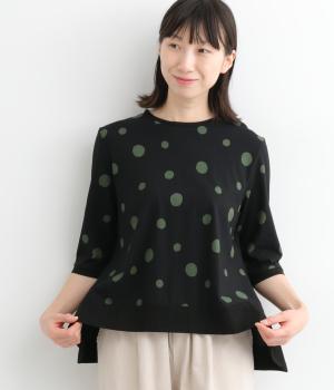 コットン裾ワイドフレア6分袖ドットTシャツ(ネイビー×グリーン-ONESIZE)