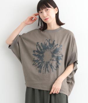 レーヨンリネン首元袖リブフラワープリントTシャツ(モカ-ONESIZE)