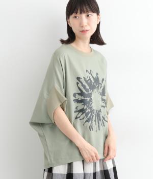 レーヨンリネン首元袖リブフラワープリントTシャツ(カーキ-ONESIZE)