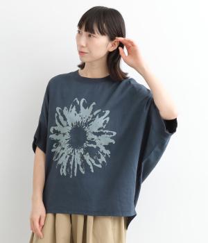レーヨンリネン首元袖リブフラワープリントTシャツ(ネイビー-ONESIZE)
