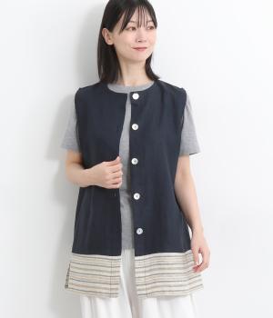 リネンジャカード裾切替ロングジレ(ネイビー-ONESIZE)