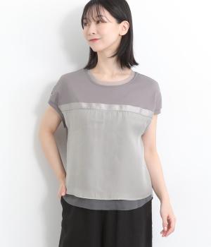 襟チュール切替フレンチ袖Tシャツ(グレー-ONESIZE)