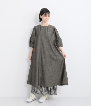 コットンムラ糸デニムパフスリーブワンピース(ブラック-ONESIZE)