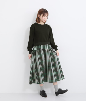 プルオーバー×チェックスカートドッキングワンピース(ブラック×グリーンチェック-ONESIZE)