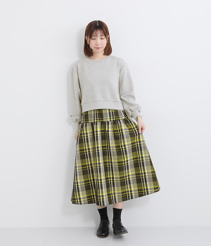 プルオーバー×チェックスカートドッキングワンピース(グレー×イエローチェック-ONESIZE)