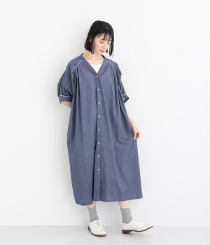 肩下タック＆後ろギャザー前開きワンピース(インディゴ-ONESIZE)