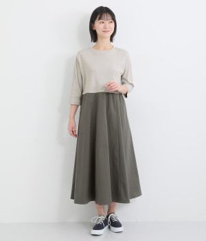 【LaLaquesera】リブ×バイオコットンドッキングワンピース(グレージュ×カーキグレー-ONESIZE)