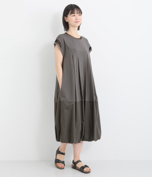 裾バルーン袖チュールタック半袖ワンピース(グレー-ONESIZE)